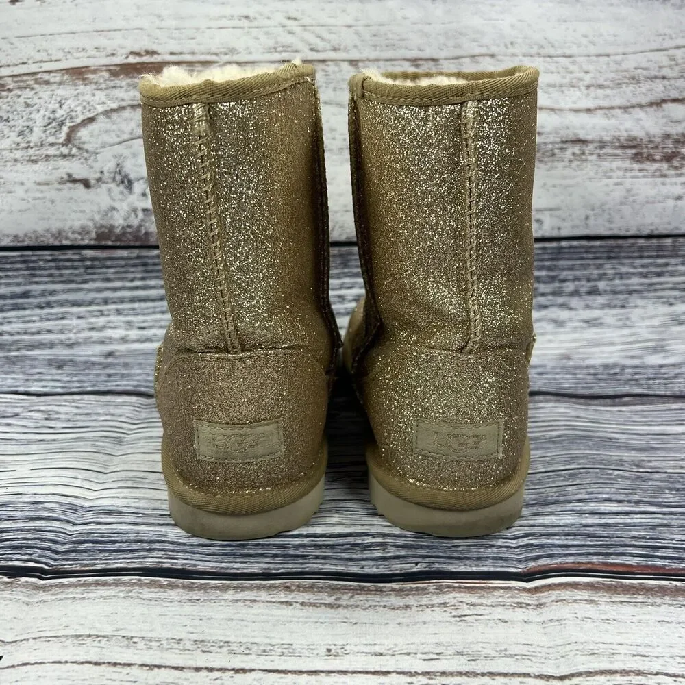 Ugg Classic Short II Glitter Gold Winter Boots, Youth 6 Women’s 7